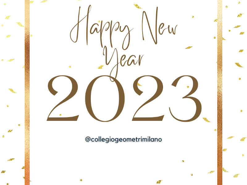 scritta in oro Happy New Year 2023 sfondo bianco coriandoli oro bande laterali oro