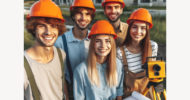 gruppo di giovani due ragazzi e due ragazze sorridenti con in testa caschetto arancione da cantiere e davanti un progetto sullo sfondo villette e prato