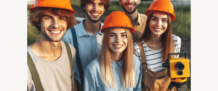 gruppo di giovani due ragazzi e due ragazze sorridenti con in testa caschetto arancione da cantiere e davanti un progetto sullo sfondo villette e prato