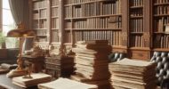 Scrivania in legno antico con sopra moltissimi fogli e fascicoli sullo sfondo una libreria antica piena di libri