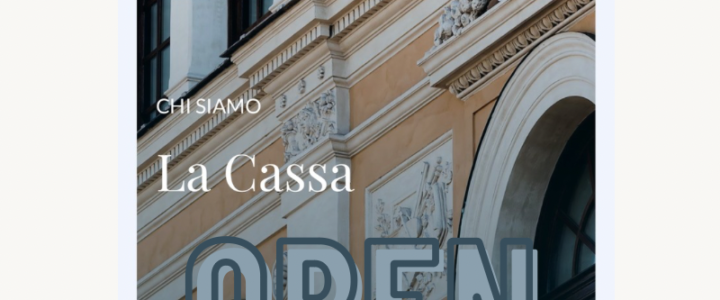 Logo della Cassa Geometri palazzo della Cassa come sfondo dell'immagine scritta La Cassa bianca e OPEN in grigio