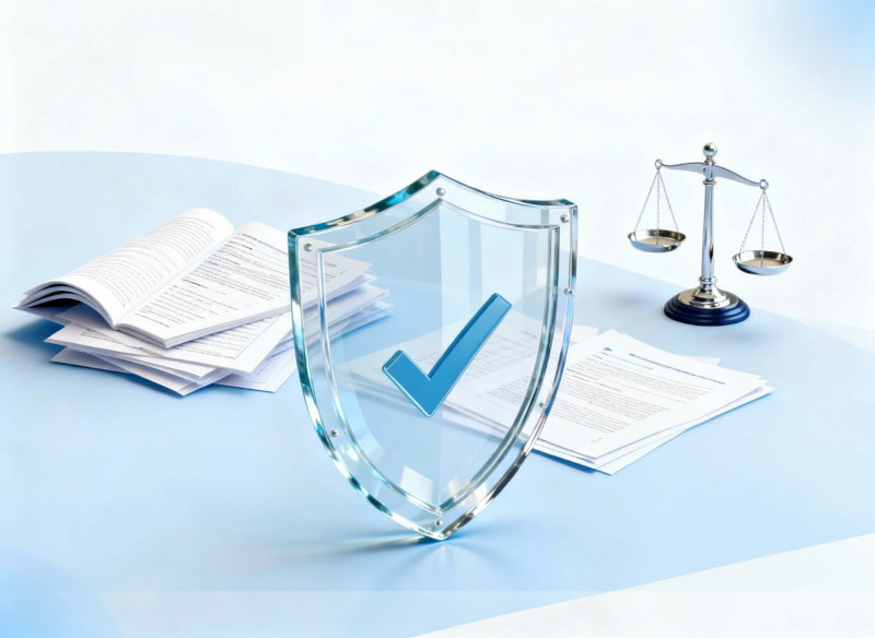 immagine che simboleggia la legalità con uno scudo trasparente dei plichi di documenti e una bilancia con bracci