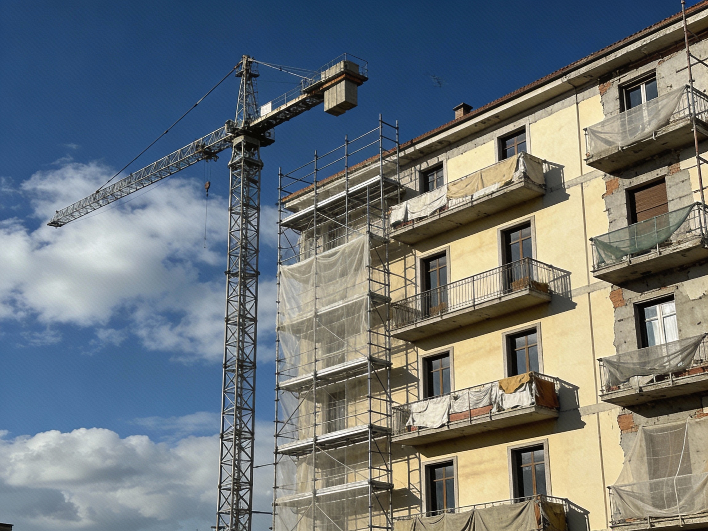 casa in ristrutturazione con impalcatura e gru