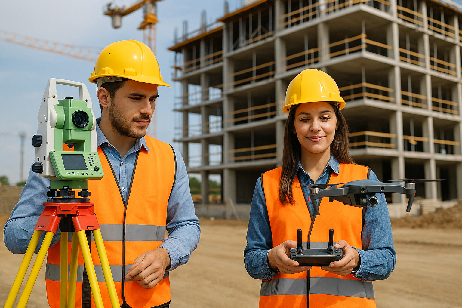 giovani geometri con apparecchi di lavoro in cantiere