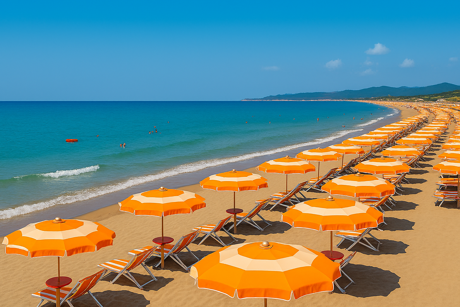 spiaggia mare ombrelloni arancioni a strisce sedie a sdraio veduta di una baia